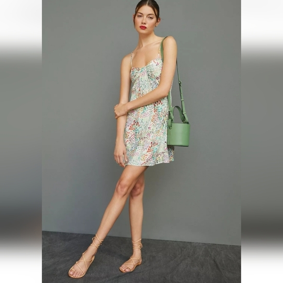 Anthropologie Hutch Floral Ditsy Mini Dress XS Green Flowy Spring Cottagecore - Picture 1 of 10